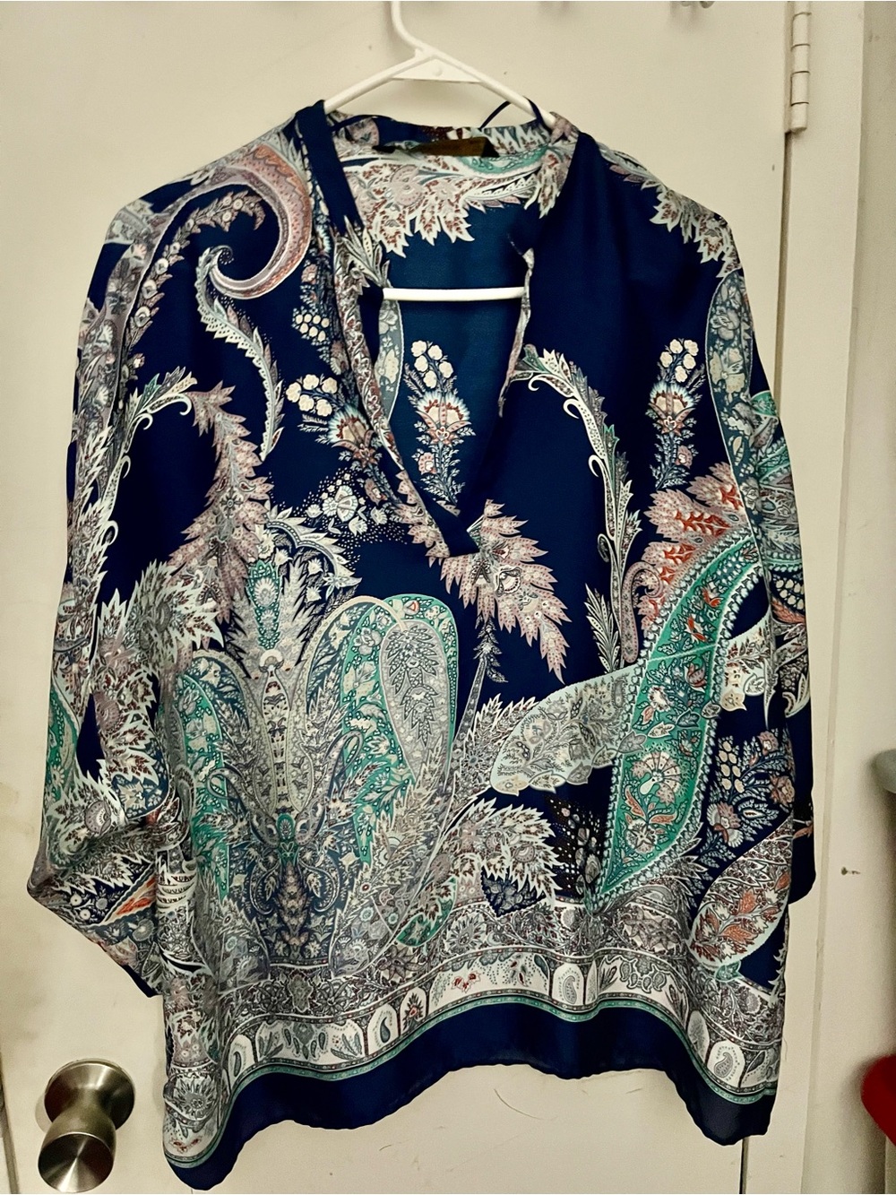 Zara Blue Paisley Scoop Neck Top with Teal and Rust Accents
